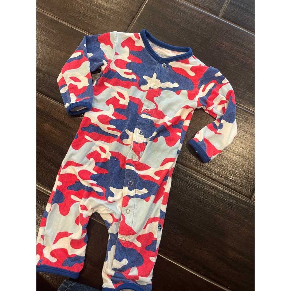 KicKee Pants Red White Blue Camo Bamboo Viscose Romper 0-3 Months Snap Front - Picture 3 of 3